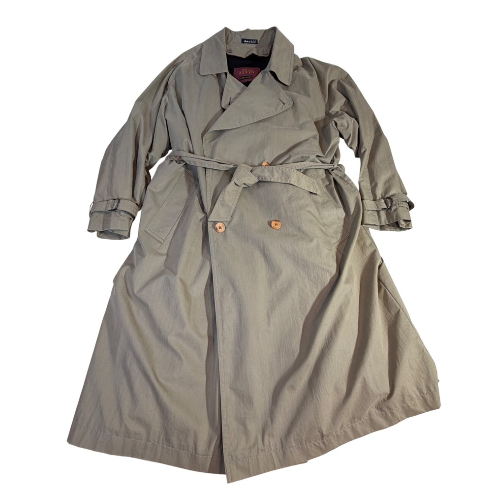 Vintage Sanyo Carol Cohen Trench Coat – Men's 44R Taupe Wool Lined Belted